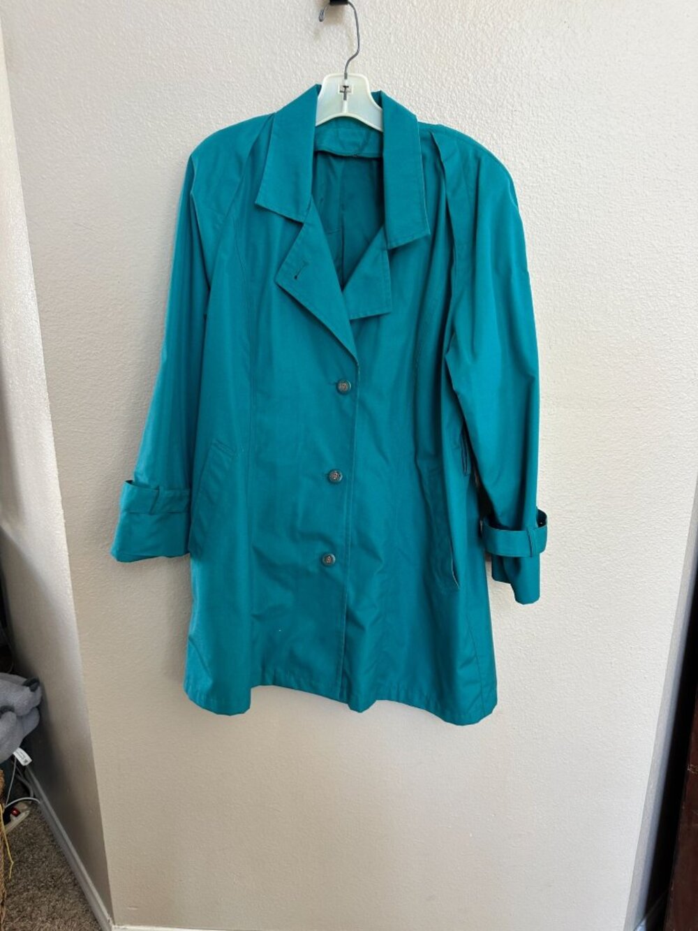 London Fog Womens Turquoise Trench Coat 10R Button Front Mid Length Sleeve Cuffs